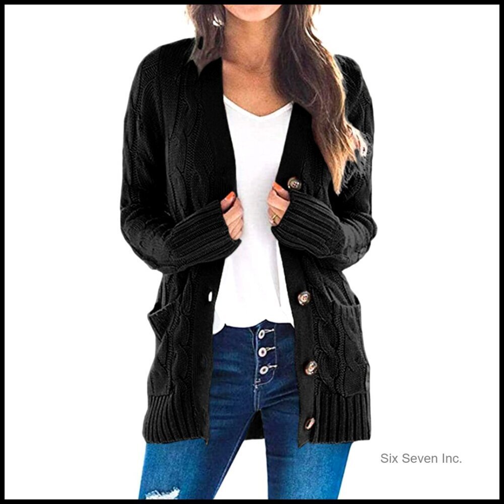 Chunky Cable Knit Cardigan Open Front Button Down Cozy Oversized Winter Sweater